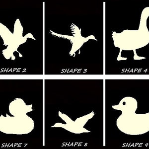 May include: Ten black and white silhouette images of ducks in various poses. The ducks are numbered 1 through 10.