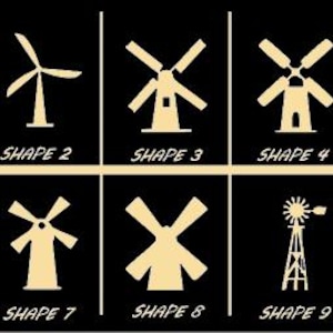 May include: A black background with ten different windmill designs in a light tan color. Each windmill is labeled with the text "SHAPE" followed by a number from 1 to 10, offering a variety of silhouettes.