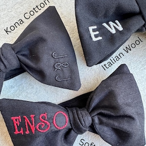 Black Linen Personalized embroidery bowtie, wedding tie, classic bow tie, black bow ties, Men&#39;s solid Solf black custom tie, wedding bowtie,