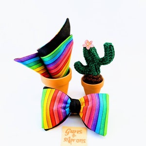 Pride Bow Tie Combo, bowtie and Pocket square, classic butterfly cut Freestyle men&#39;s bow ties - reversible to solid black. Rainbow bowtie