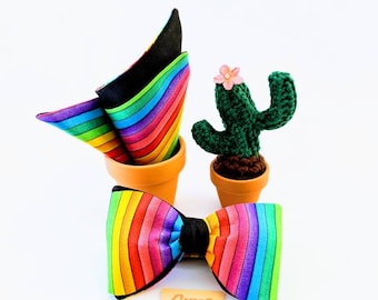 Pride Bow Tie & Pocket Square: Reversible Rainbow Butterfly Bowtie