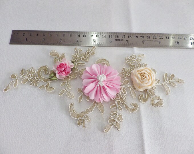 3D Floral Appliqué Tulle Lace with Scattered Sequins & Embroidered Vine Pattern