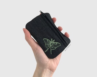 Small Alternative Moth Purse, Luna Moth, Lunar Moth, Green Embroidered Moth, Denim Purse, Mystical Coin Purse,