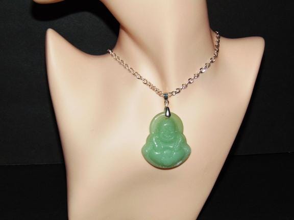 Ciondolo Testa Di Buddha Intagliato In Giada Verde Con Placcatura Oro - Catena 20 Pollici - Foto 3