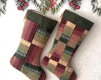 Handmade Quilted Christmas Stocking, Rustic Farmhouse Patchwork