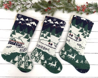 Rustic Knit Christmas Stocking: Scenic Farmhouse Style from Vintage Sweater