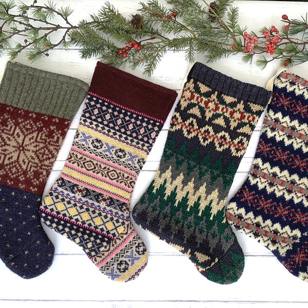 Rustic Knitted christmas stockings for the family, modern farmhouse style, Mens, Boys,  Christmas stockings handmade from a vintage sweater