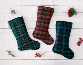 Plaid Christmas Stocking: Rustic Wool, Handmade Vintage Textile