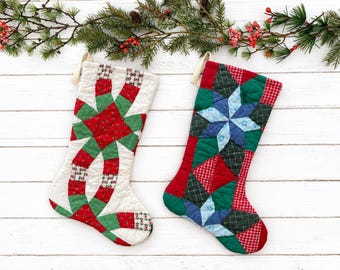 Handmade Quilted Christmas Stocking, Vintage Quilt, Rustic Farmhouse Style