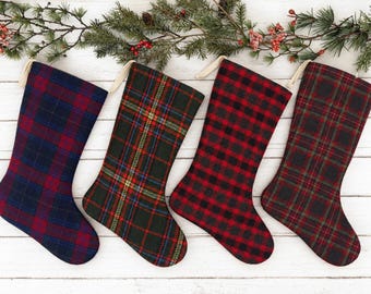 Handmade Wool Plaid Christmas Stockings, Classic Holiday Decor, Rustic Christmas Mantel, Cozy Cabin Stocking