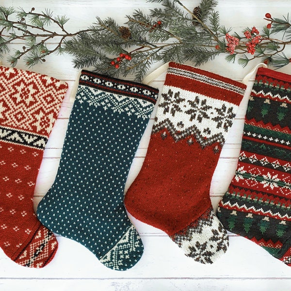 Rustic Knitted christmas stockings for the family, modern farmhouse style, colorful knit christmas stockings handmade from a vintage sweater