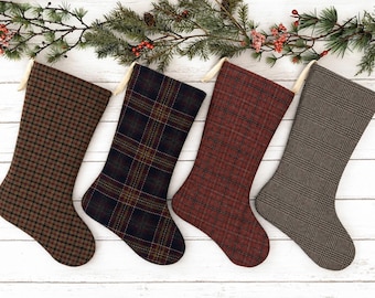 Handmade Wool Plaid Christmas Stockings, Classic Holiday Decor, Rustic Christmas Mantel, Cozy Cabin Stocking