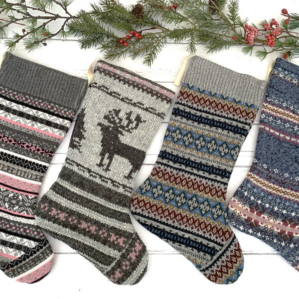 Knit Christmas stockings, Unique and Handmade for the holidays, Farmhouse, Rustic Cabin decor, Stockings are handmade from a vintage sweater