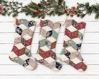Handmade Quilted Christmas Stocking, Vintage Quilt, Rustic Farmhouse Style, Vintage Rose