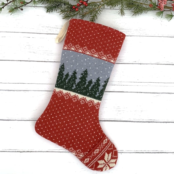 Unique Christmas stocking, Rustic scenic knit, Special modern farmhouse style for family, Red stocking, handmade from a vintage sweater