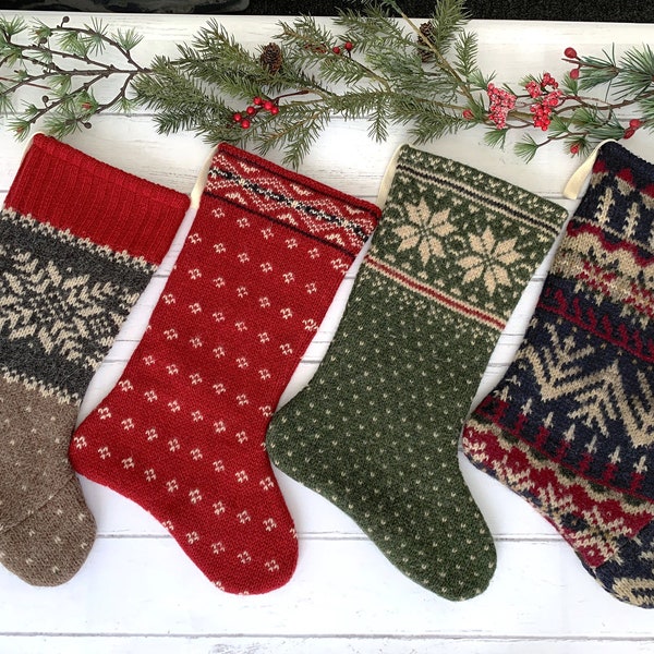 Nordic Knitted christmas stockings for the family, modern farmhouse style, colorful knit christmas stockings handmade from a vintage sweater