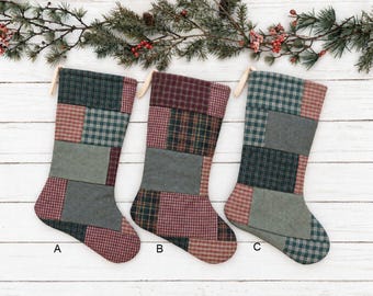 Handmade Quilted Christmas Stocking, Vintage Patchwork Quilt, Rustic Farmhouse Style, Holiday Decor