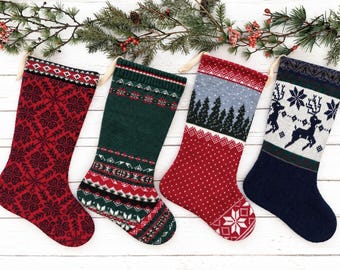 Handmade Knit Christmas Stocking: Vintage Sweater, Rustic Cabin Decor