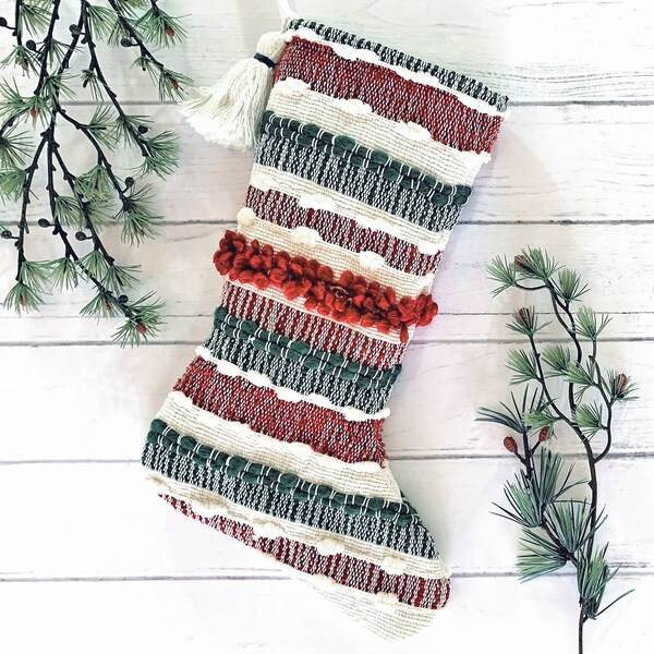 Boho Christmas stockings, Modern Farmhouse Christmas stockings & decor, Ethnic Country Stockings, Coastal stockings with Pom poms, handmade