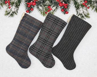 Handmade Wool Plaid Christmas Stockings, Classic Holiday Decor, Rustic Christmas Mantel, Cozy Cabin Stocking