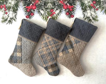 Handmade Quilted Christmas Stocking: Rustic Farmhouse Vintage Quilt