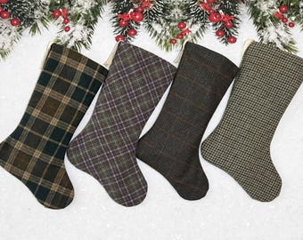 Handmade Wool Plaid Christmas Stockings, Classic Holiday Decor, Rustic Christmas Mantel, Cozy Cabin Stocking
