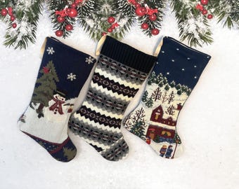 Handmade Knit Christmas Stocking: Vintage Sweater, Rustic Cabin Decor