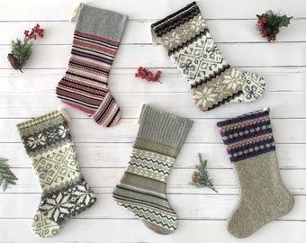 Knitted Christmas Stocking: Handmade Vintage Sweater, Rustic Farmhouse Decor