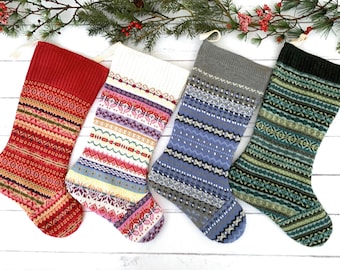 Knit Christmas stockings, Unique and Handmade for the holidays, Farmhouse, Rustic Cabin decor, Stockings are handmade from a vintage sweater