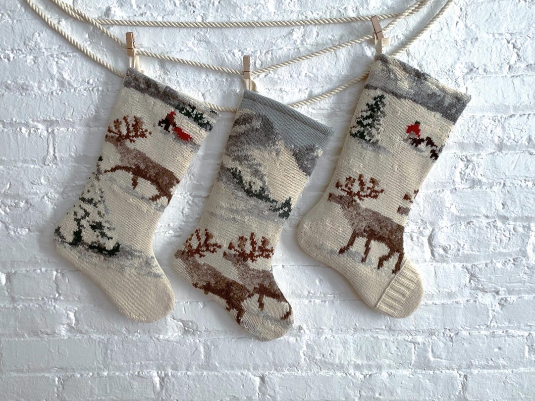 Reindeer Christmas Stocking: Rustic Knit Ecru Wool Cabin Decor - Etsy