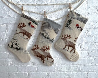 Reindeer Christmas Stocking: Rustic Knit Ecru Wool Cabin Decor