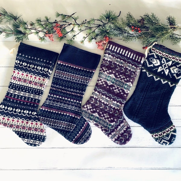 Rustic Knit Christmas stockings, Boys, Mens blue, tan stockings, Unique and original, Stockings are handmade from a vintage sweater
