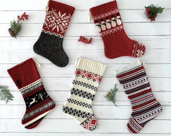 Knit Christmas Stocking: Handmade Vintage Sweater, Rustic Farmhouse Decor