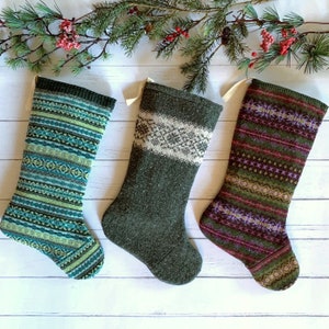 Rustic Knitted christmas stockings for the family, modern farmhouse style, colorful knit christmas stockings handmade from a vintage sweater