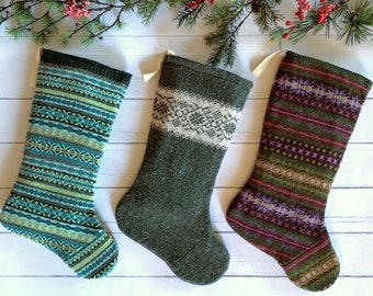 Rustic Knitted christmas stockings for the family, modern farmhouse style, colorful knit christmas stockings handmade from a vintage sweater