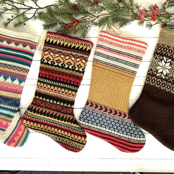 Nordic Knitted christmas stockings for the family, modern farmhouse style, colorful knit christmas stockings handmade from a vintage sweater