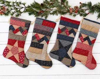 Handmade Quilted Christmas Stocking, Vintage Patchwork Quilt, Rustic Farmhouse Style, Holiday Decor