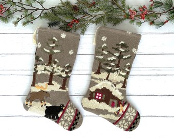 Scenic Knit Christmas Stocking, Rustic Farmhouse Decor, Upcycled Vintage Sweater