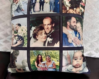May include: A square pillow with a collage of family photos. The photos show a couple, a wedding party, a baby, and a cat. The pillow is made of a soft, plush fabric.