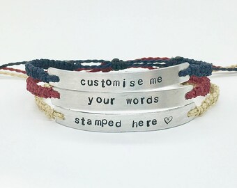 personalised stamped metal bracelet - custom aluminium and macrame message bracelet - your words with any colour handwoven adjustable band