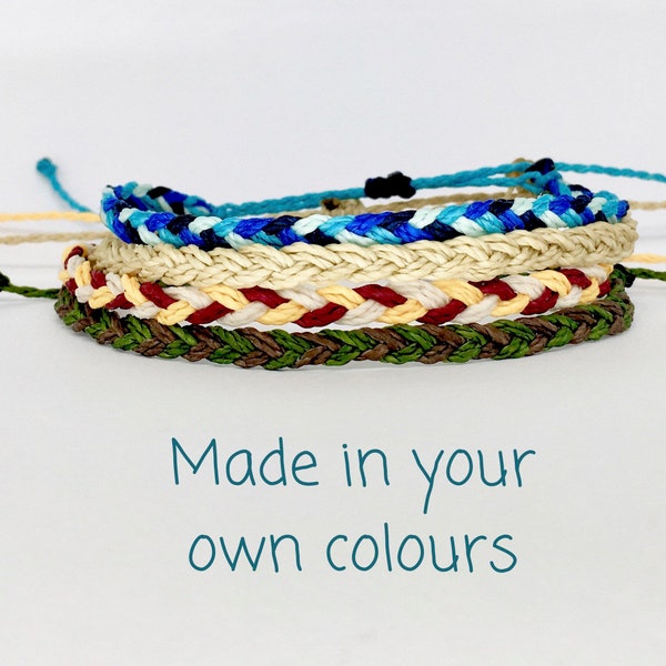 Custom Colour Braided Bracelet, Unisex Surfer Wristband Handmade in Waterproof Waxed Cord String, Adjustable Mens Girls Thread Wrist Band