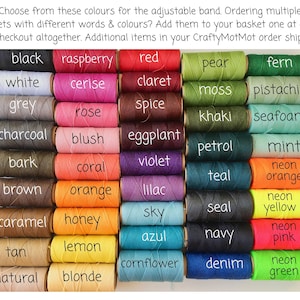 a chart for the customer showing the colour options available to choose from when personalising the item in this listing. 42 colours available are overlaid with their name.