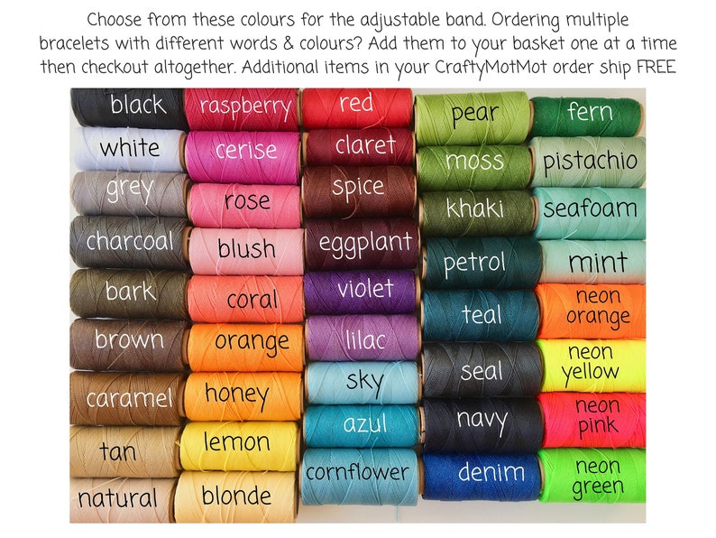 a chart for the customer showing the colour options available to choose from when personalising the item in this listing. 42 colours available are overlaid with their name.