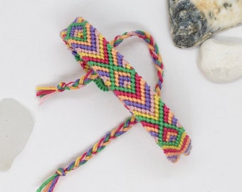 Tie On Bracelet, Bright Colourful Woven String Braided Patterned Cotton Beachy Jewellery, Boho Festival Knotted WristBand