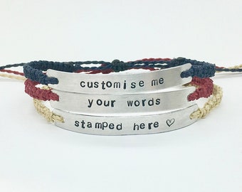 Personalised Word Metal Bracelet - Customised Text Stamped Aluminium Macrame Message Bracelet - Name, Words, Phrase, Mantra Gift