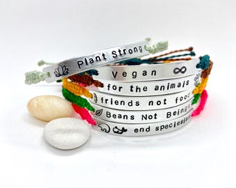 Custom Vegan Bracelet: Metal Stamped Bar with Woven Wristband and Veganism Slogan