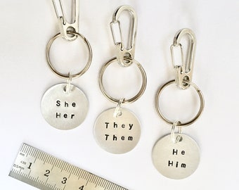Personalised Pronoun Keychain: Hand-Stamped, They Them, She Her, He Him, Xe Xir