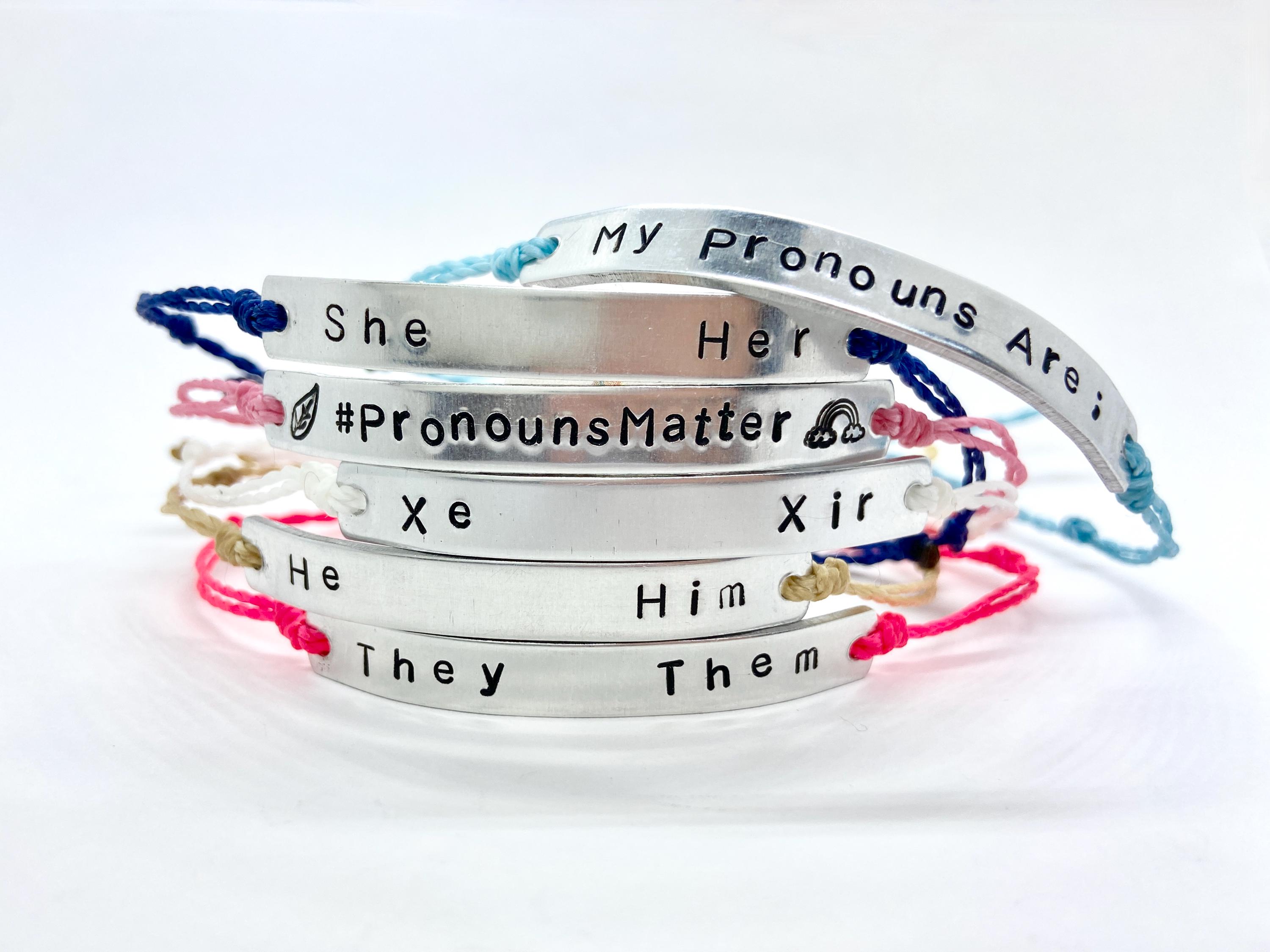 Pronoun Bracelet Customised Pronouns, They Them, She Her, He Him, Xe Xir with Personalised Design, Gender Trans Non Binary Transgender Gift