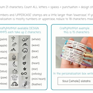 Instructions for leaving bracelet personalisation. A chart showing the designs available to stamp on the bracelet.