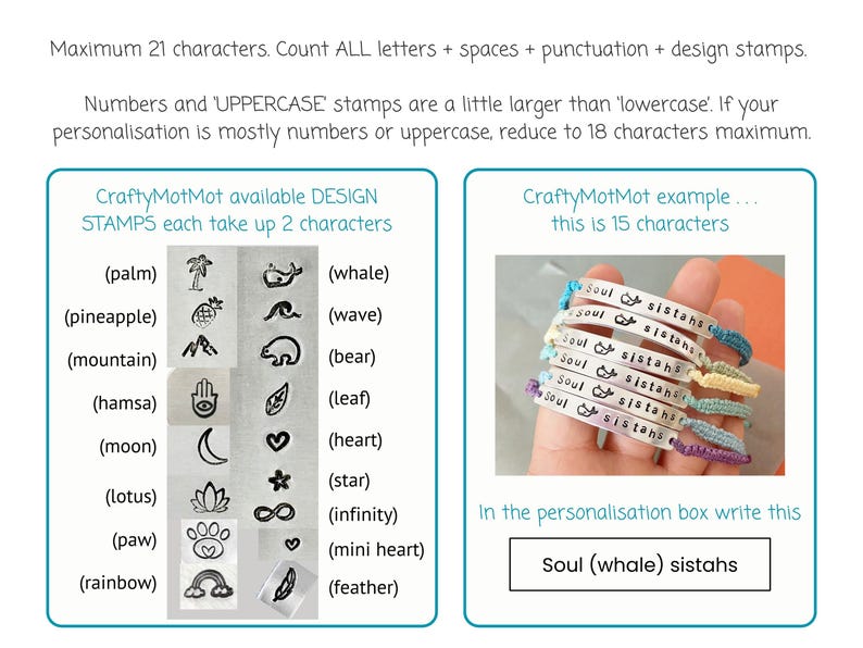 Instructions for leaving bracelet personalisation. A chart showing the designs available to stamp on the bracelet.